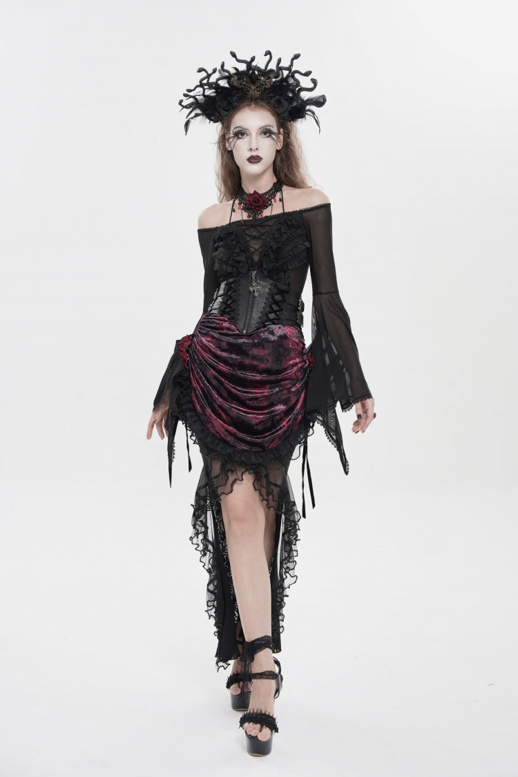 Black/Red Embroidered Rose Lace-up Irregular Women's Gothic Hem Skirt - Product - 11