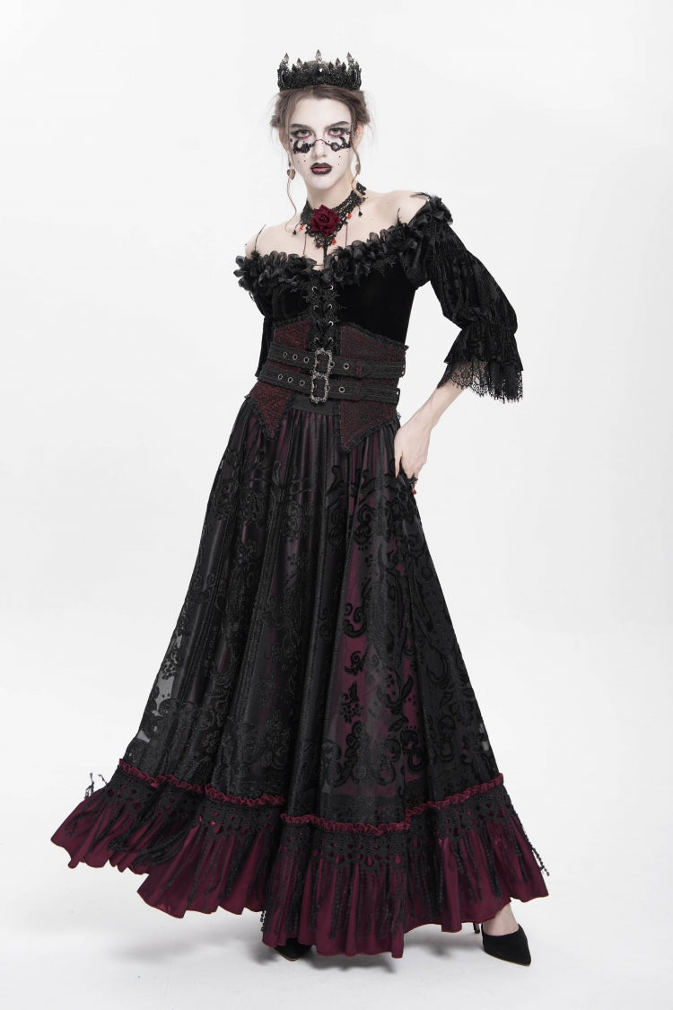 Red Jacquard Embroidery Buckle Tassels Women's Gothic Long Skirt - Product - 2