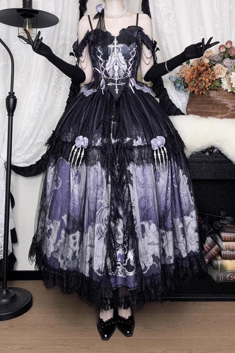 Black/Blue [Skull Magic] Print Ruffle Bowknot Gothic Elegant Lolita Skirt Two-Piece Set - Product - 16