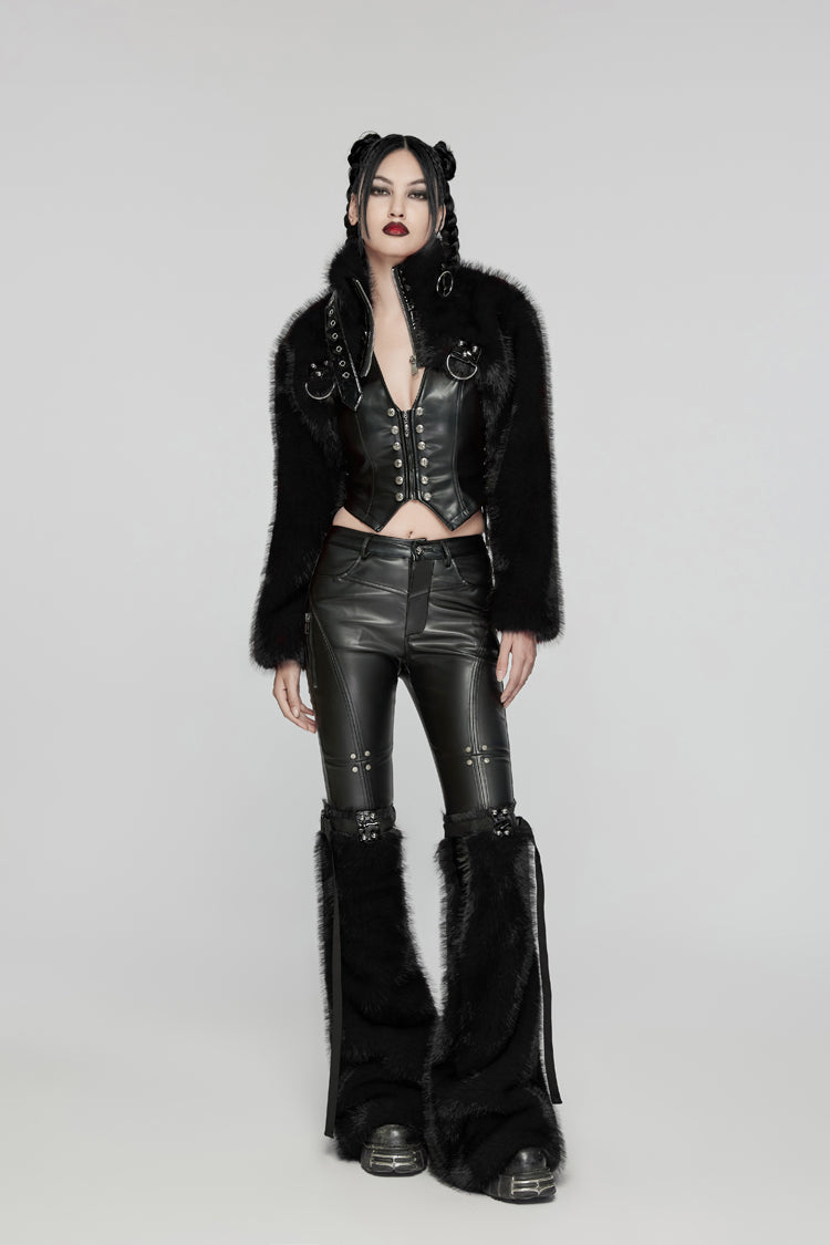 Black Stand Collar Long Sleeves Women's Punk Faux Fur Short Jacket - Product - 4