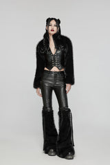 Black Stand Collar Long Sleeves Women's Punk Faux Fur Short Jacket - Product - 4