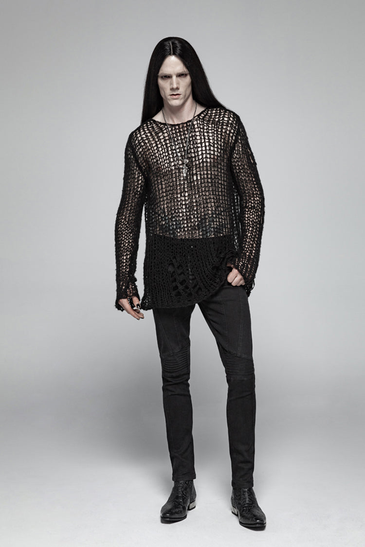 Black Casual Ripped Pullover Men's Steam Punk Sweater - Product - 2