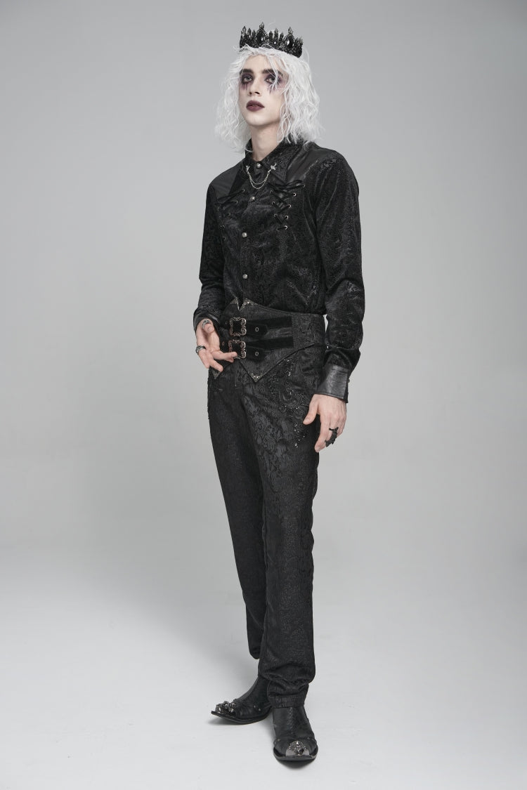 Black Lapel Collar Long Sleeves Print Embroidery Lace-Up Men's Gothic Blouse - Product - 5
