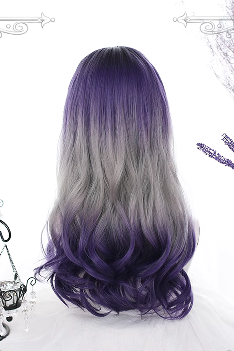 Purple Gray Segment Dyed Long Wavy Curly Hair Sweet Lolita Wigs - Product - 5