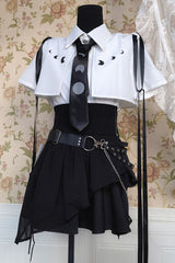 Black/White Short Sleeves Ruffle Asymmetric Gothic Jirai Kei Skirt Blouse Set - Product - 4