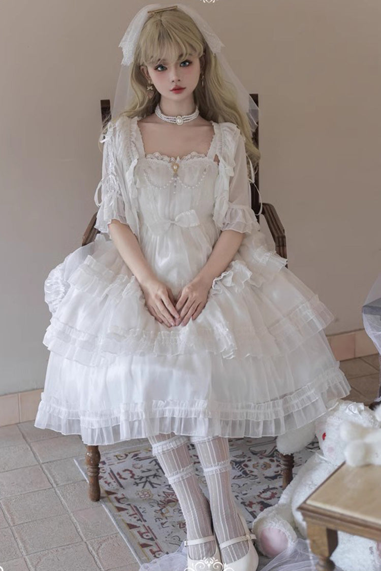 White Star Gauze Romance Multi-layer Ruffle Bowknot Sweet Elegant Princess Lolita Jsk Dress - Product - 6