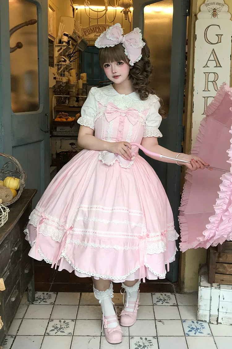 Pink [Petal Bunny] Cotton Sleeveless Ruffled Bow Lace Sweet Elegant Lolita Jsk Dress - Product - 2