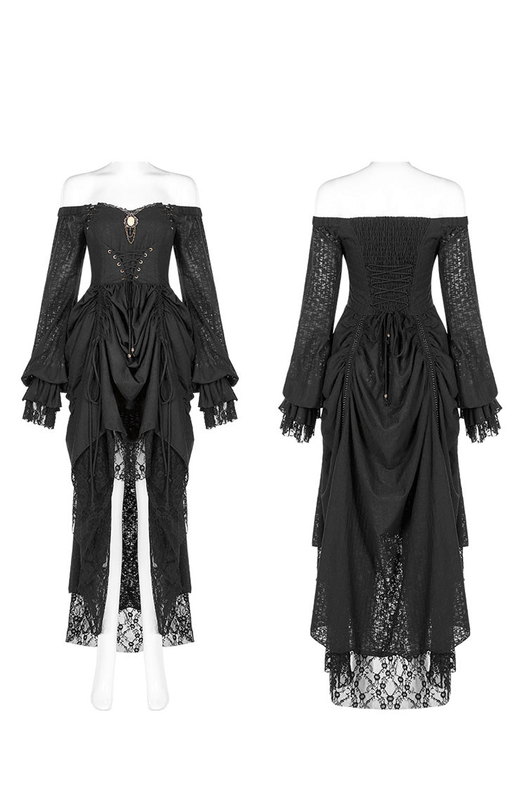 Black Off Shoulder Long Puff Sleeves Ruffle Mesh Women's Gothic Dress - Product - 5