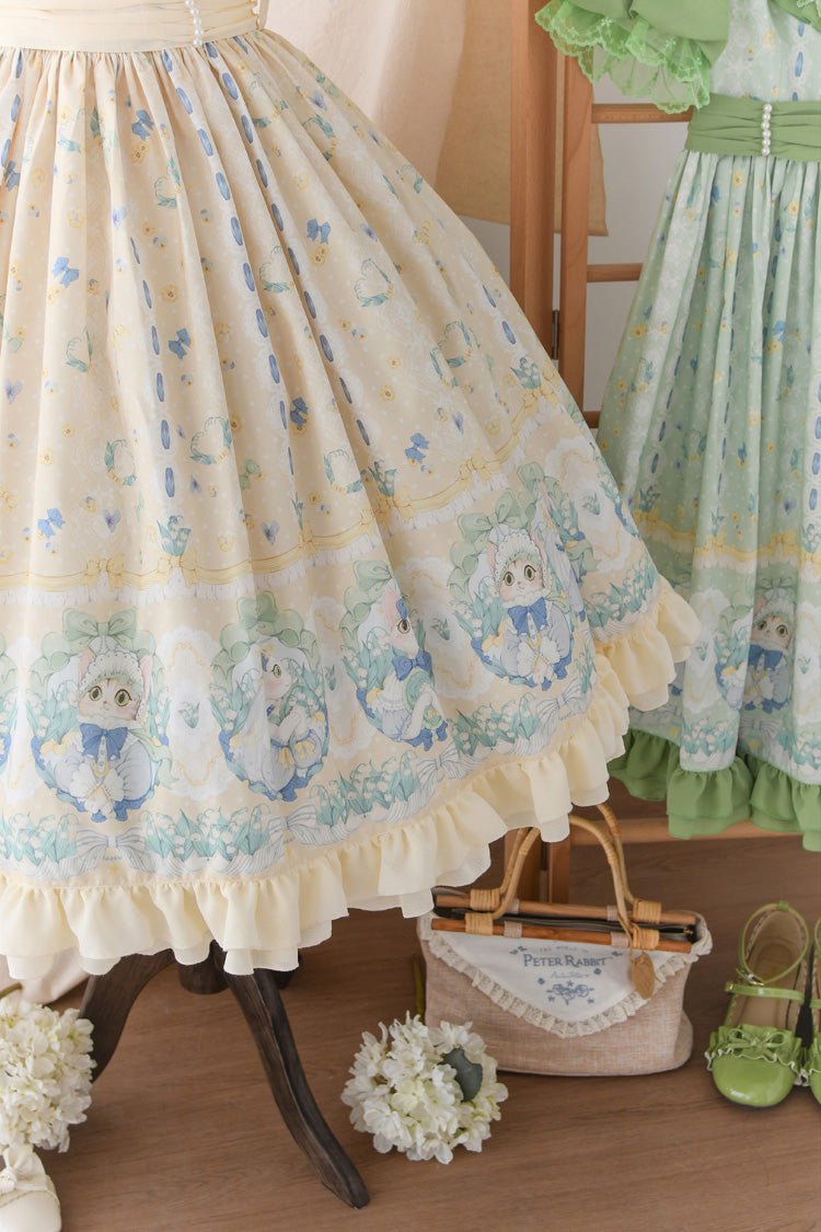 Beige [Lily of the Valley Cat] Print Ruffle Embroidery Bowknot Sweet Lolita Dress - Beige - 7