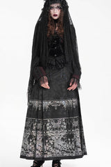 Black Print Embroidery Women's Gothic Crochet Tassels Bucket-up Long Skirt - Product - 2