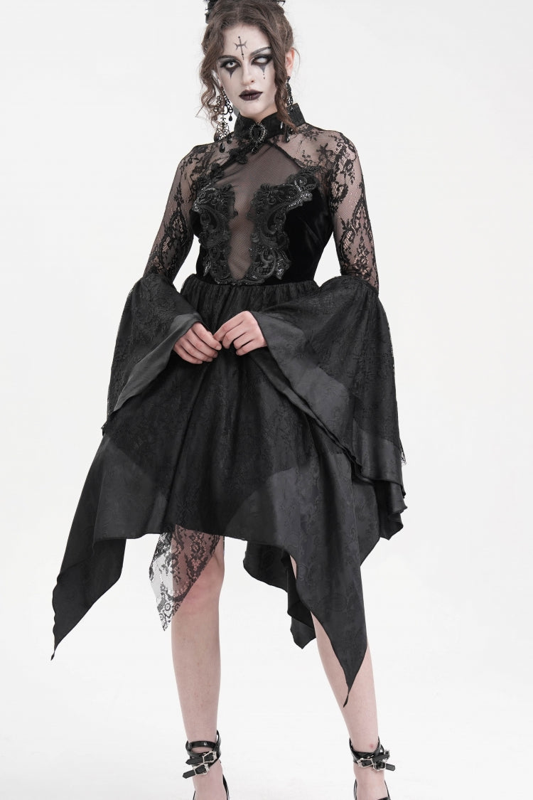 Black Long Sleeves Embroidery Lace Lace-Up Irregular Sheer Mesh Women's Gothic Dress - Black - 1
