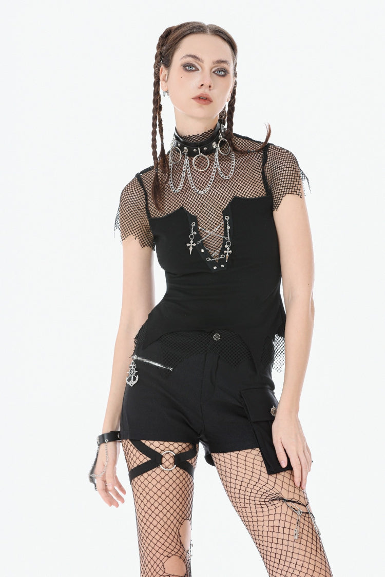 Black Short Sleeves Irregular Mesh Cross Chain-Decorated Eyelet Women's Punk Top - Product - 5