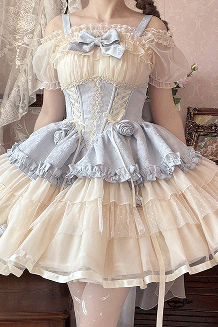 Blue/Ivory Dance of Time Triple-Layered Ballet Style Bowknot Lace-Up Sweet Lolita Jsk Dress - Product - 4