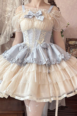 Blue/Ivory Dance of Time Triple-Layered Ballet Style Bowknot Lace-Up Sweet Lolita Jsk Dress - Product - 4