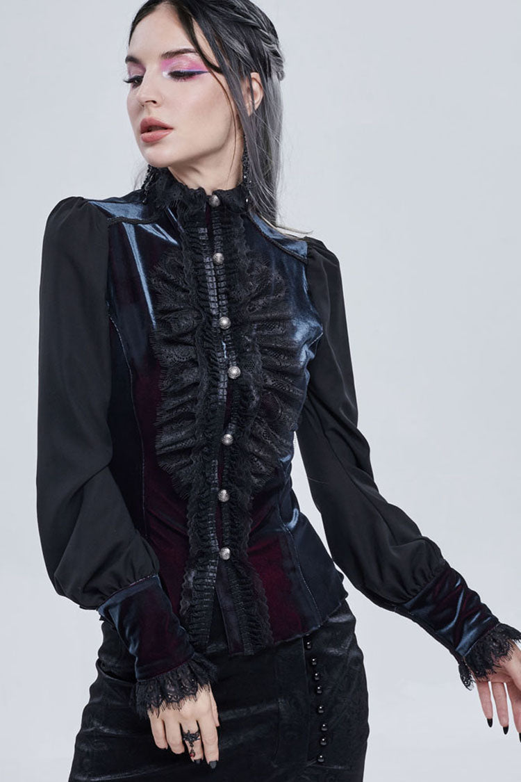 Black Gothic Turtleneck Three-Dimensional Lace Lantern Sleeves Stitched Velvet Lace-Up Long Sleeves Women's Shirt - Product - 3