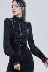 Black Gothic Turtleneck Three-Dimensional Lace Lantern Sleeves Stitched Velvet Lace-Up Long Sleeves Women's Shirt - Product - 3