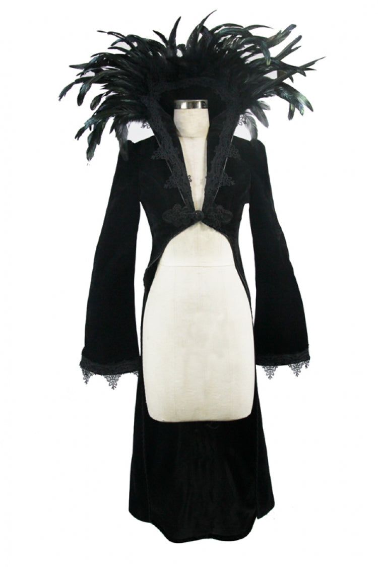 Black Feathered Collar Long Sleeves Bowknot Women's Gothic Tailcoat - Product - 3