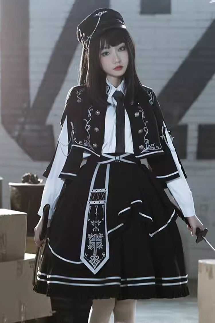 Black Battle of Thorns Print Ruffle Gothic Military Handsome Lolita Skirt - Black - 1