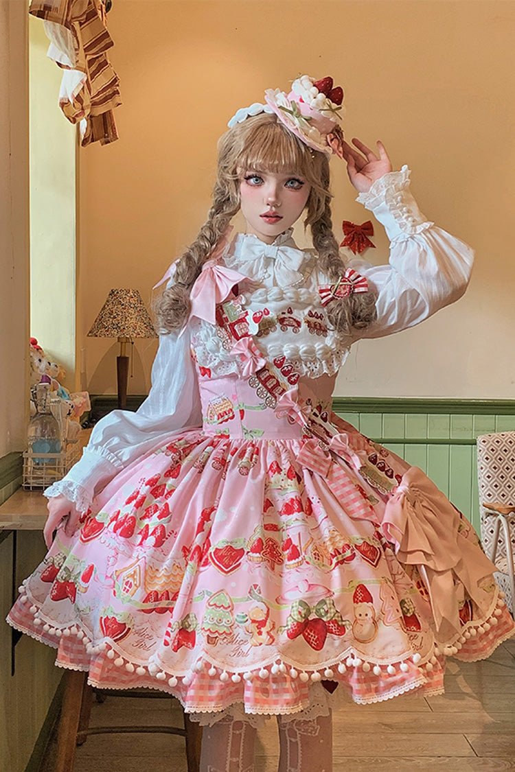Mint Strawberry Dessert Print Natural Waisted Ruffle Bowknot Sweet Lolita JSK Dress 4 Colors - Product - 14