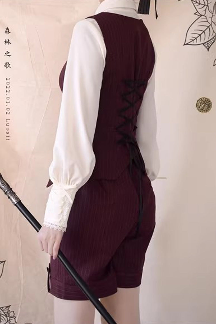 Red [Griffin’s Pact] Bust Support Striped Printed Gothic Ouji Lolita Shorts Vest Set - Product - 4