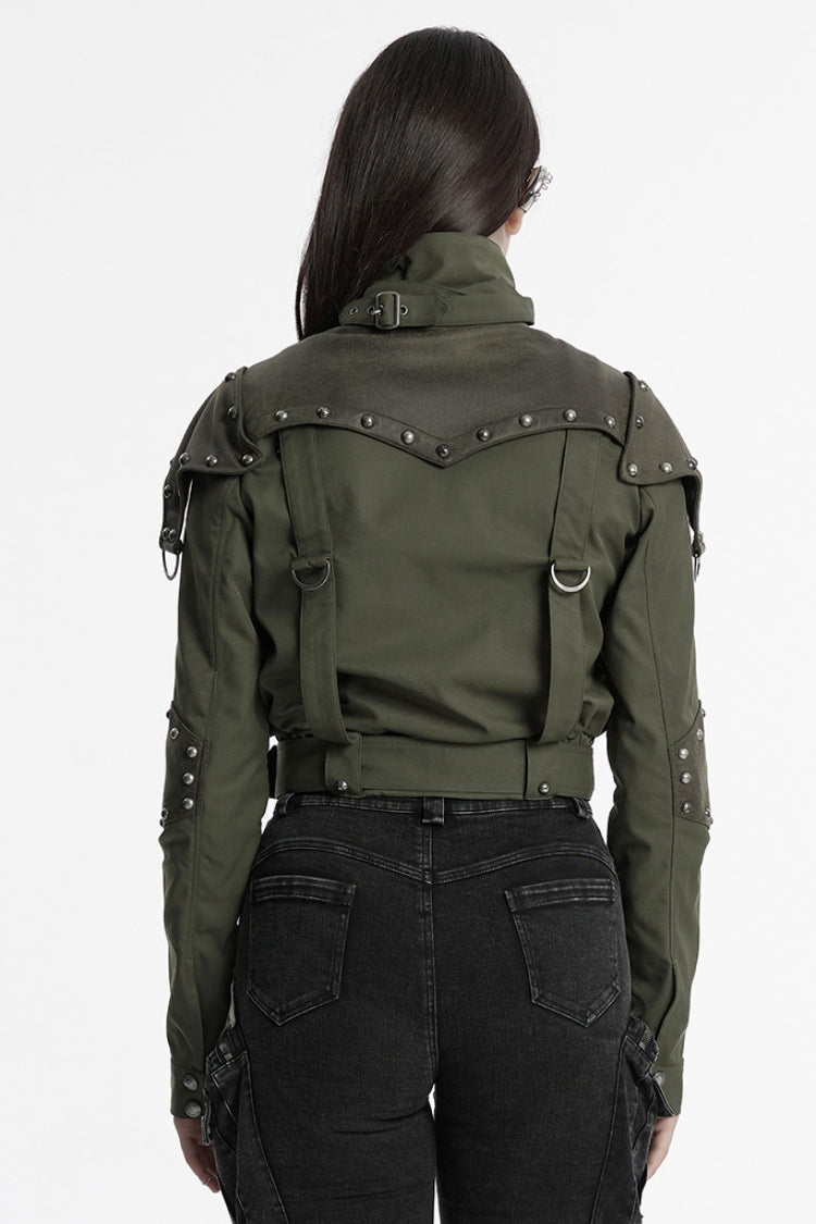 Green Stand Collar Long Sleeves Stitching Faux Leather Women's Gothic Military Jacket - Product - 3