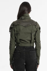 Green Stand Collar Long Sleeves Stitching Faux Leather Women's Gothic Military Jacket - Product - 3