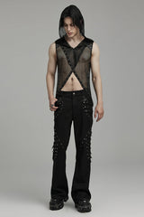 Black Sleeveless Irregular Hooded Mesh Eyelet Men's Punk Vest - Product - 4