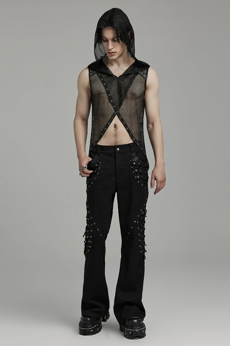 Black Sleeveless Irregular Hooded Mesh Eyelet Men's Punk Vest - Product - 4