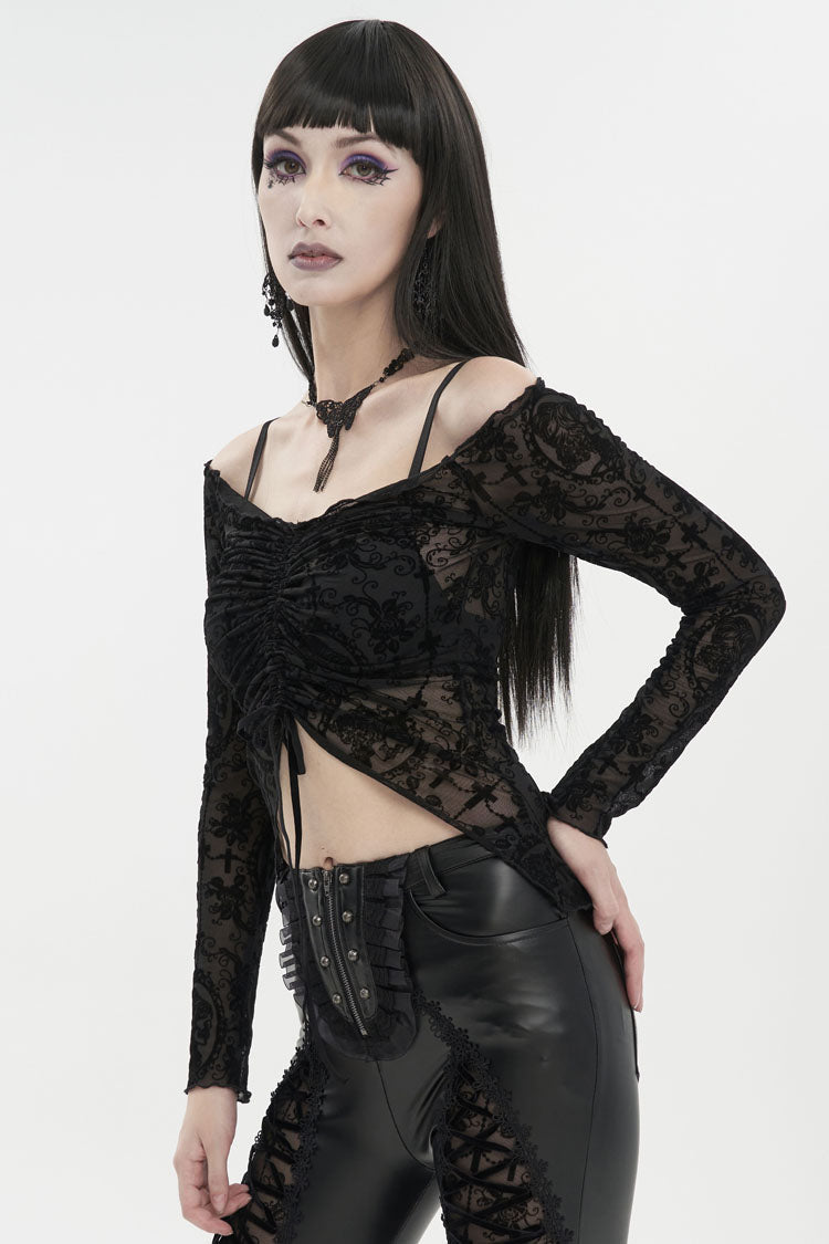 Black Flocked Chest Ruched Adjustable Off-Shoulder Women's Punk T-Shirt - Product - 3