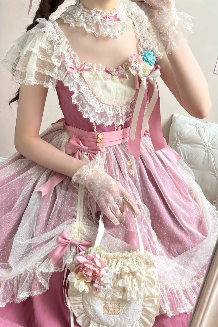 Rose Red [Sakura’s Spring Resonance] Sleeveless Ruffled Bow Sweet Lolita Jsk Dress (Long Version) - Product - 3