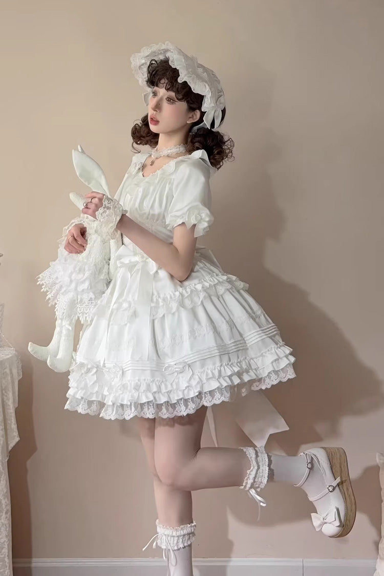 White [Layered Buttercream Frosting] Short Sleeves Ruffle Bowknot Lace Sweet Lolita Dress - Product - 2