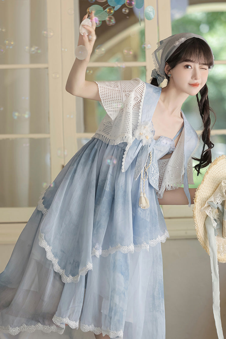 Blue [Clouds Resting in the Wilderness] Print Ruffle Embroidery Bowknot Lace Irregular Lolita Jsk Dress - Product - 14