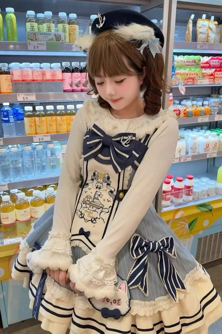 Blue/Ivory [Ride the Wind and Waves] Double-Layered Printed Ruffled Bow Lace Sweet Lolita Jsk Dress Set (Coat Included) - Product - 9