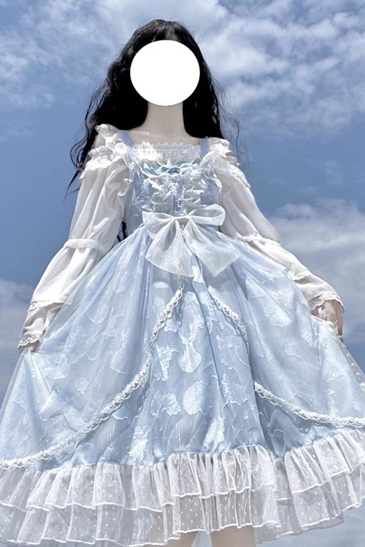 Light Blue Shell Jacquard Ruffle Bowknot Lace Sweet Lolita Jsk Dress - Blue - 1