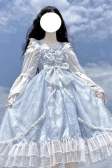 Light Blue Shell Jacquard Ruffle Bowknot Lace Sweet Lolita Jsk Dress - Blue - 1
