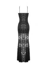 Black Sleeveless Side Slit Ruffled Lace Lace-Up Women's Gothic Maxi Slip Wedding Dress - Product - 12