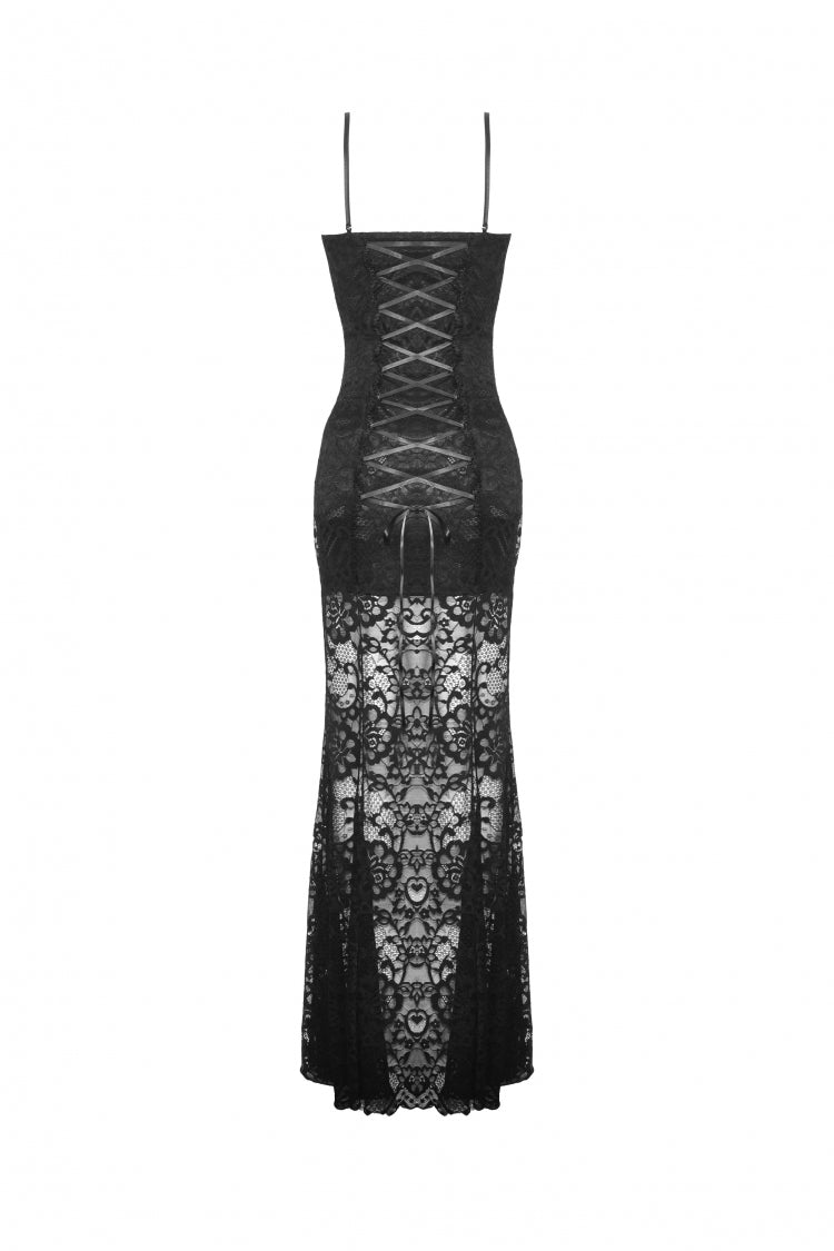 Black Sleeveless Side Slit Ruffled Lace Lace-Up Women's Gothic Maxi Slip Wedding Dress - Product - 12