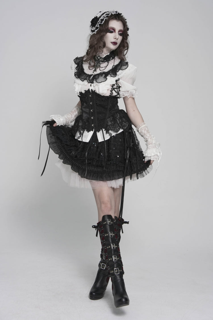 Black/White Stand Collar Short Sleeves Embroidered Lace Lace-Up Slim Pleated Women's Gothic Palace Blouse - Product - 8