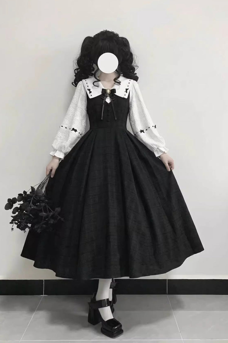 Black Lapel Collar Long Sleeves Ruffled Bow Sweet Lolita Jumper Dress Set - Product - 2