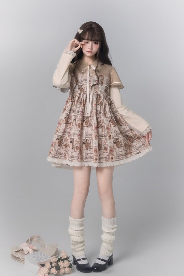 Brown [Bear Stamp] Long Sleeves Printed Hooded Sweet Lolita Dress - Product - 4
