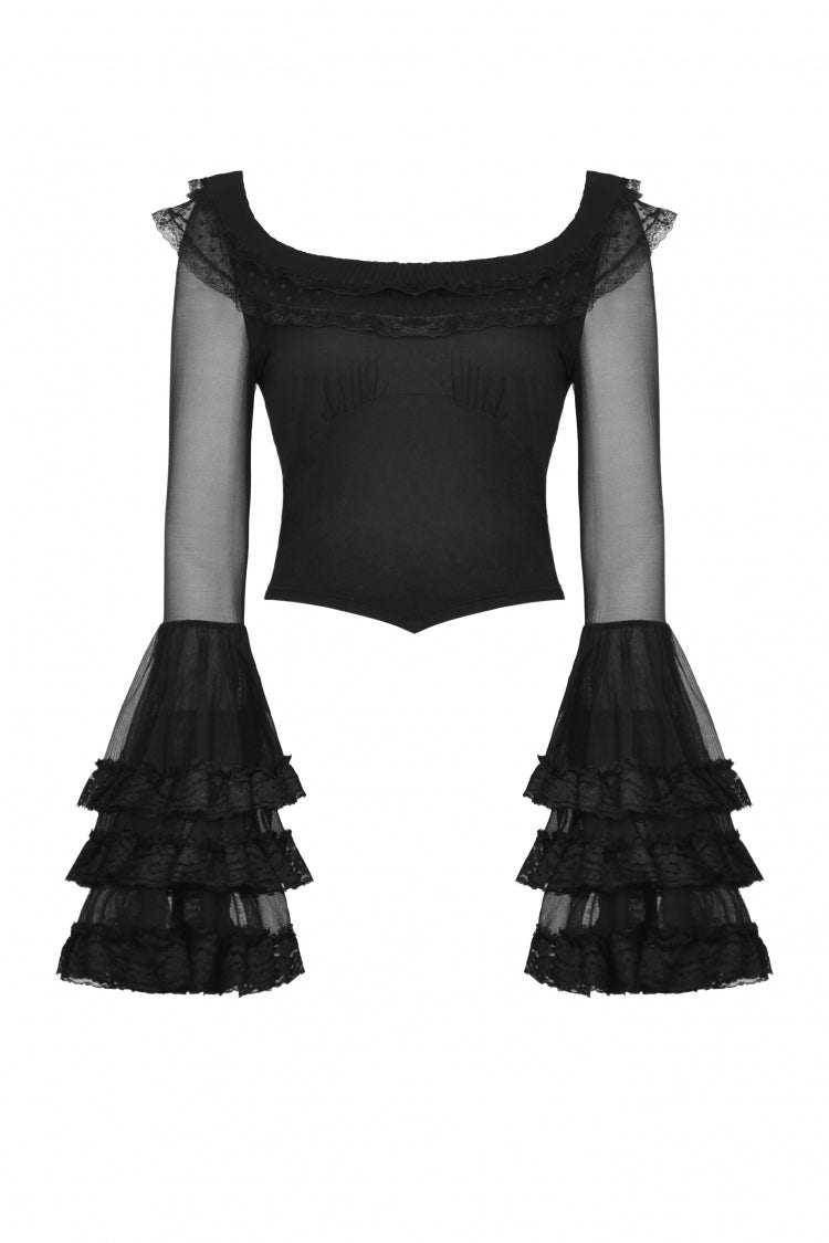 Black Multi-Layered Ruffled Lace Long Trumpet Sleeves Women's Gothic Princess Sexy Top - Product - 3