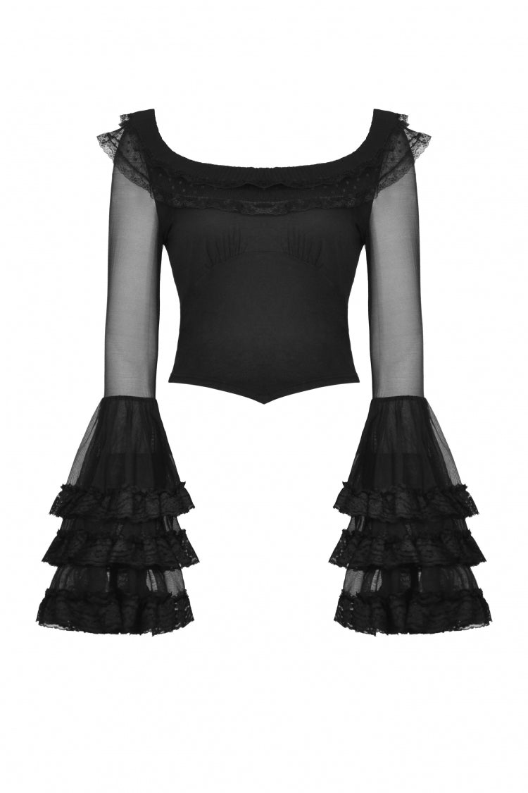 Black Multi-Layered Ruffled Lace Long Trumpet Sleeves Women's Gothic Princess Sexy Top - Product - 3