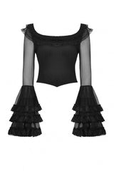 Black Multi-Layered Ruffled Lace Long Trumpet Sleeves Women's Gothic Princess Sexy Top - Product - 3