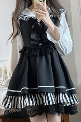 Black [Twilight Song] Stripe Print Bowknot Lace Jirai Kei Jumper Dress - Product - 9