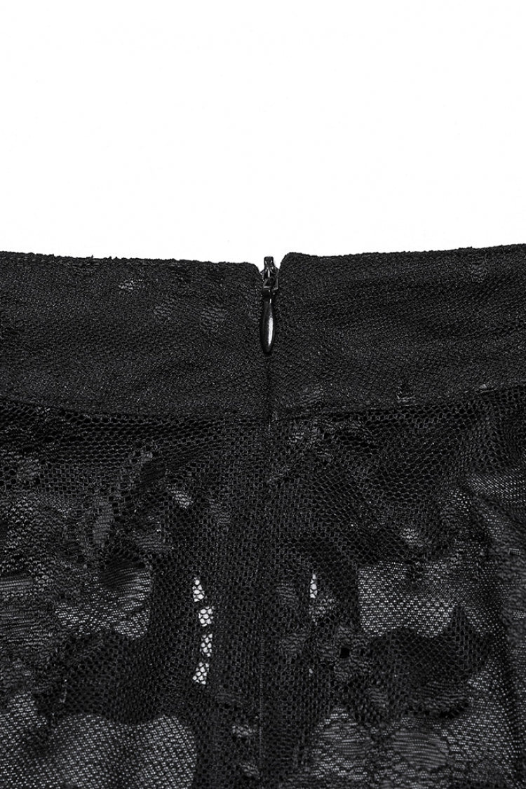 Black Stand Collar Short Sleeves Ruffle Hollow Embroidery Lace Sheer Women's Gothic Blouse - Product - 7