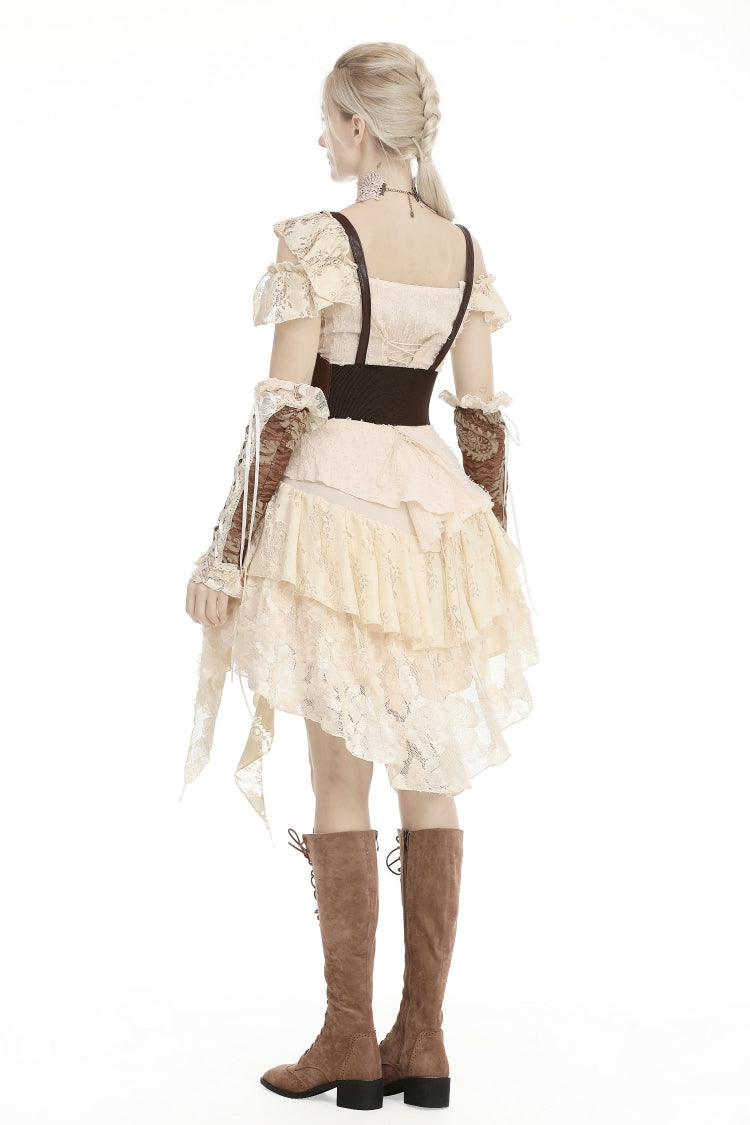Beige Irregular Multi-Layered Ruffled Lace Women's Steampunk Vintage Dress - Product - 13