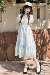 Blue Short Sleeves Embroidery Bowknot Lace Sweet Princess Lolita Dress - Product - 2