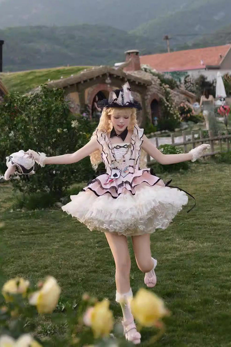 [Binky Bunny Magic] Square Collar Sleeveless Multi-Layered Ruffled Bow Lace Sweet Lolita Jsk Dress 2 Colors - Product - 9