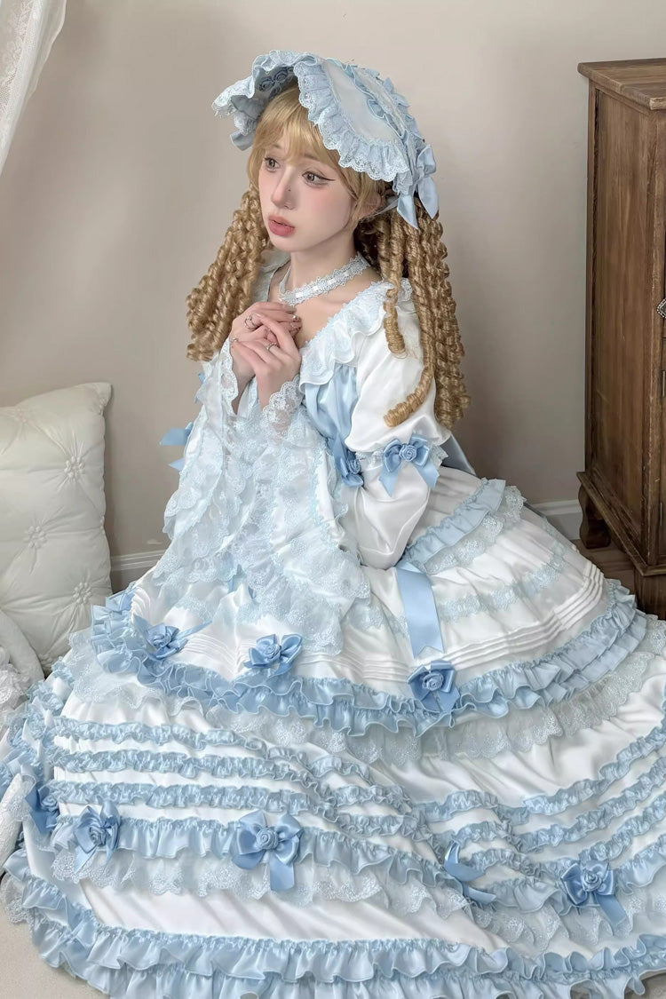 White/Blue [Layered Sea Salt Ice] Short Sleeves Ruffle Bowknot Lace Sweet Lolita Dress - Product - 2