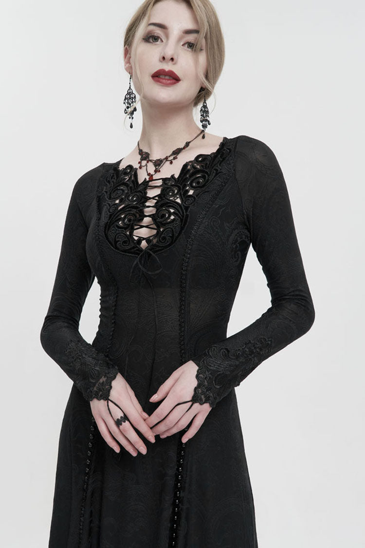 Black Long Sleeve Long Knitting Symmetrical Applique And String at The Chest Women's Gothic Dress - Product - 6